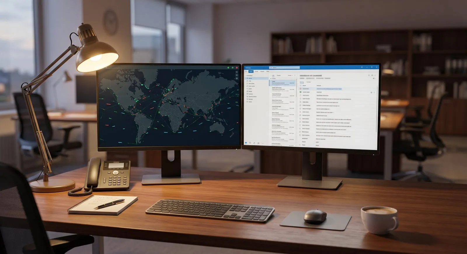 Chartering desk with global trade routes displayed on-screen.